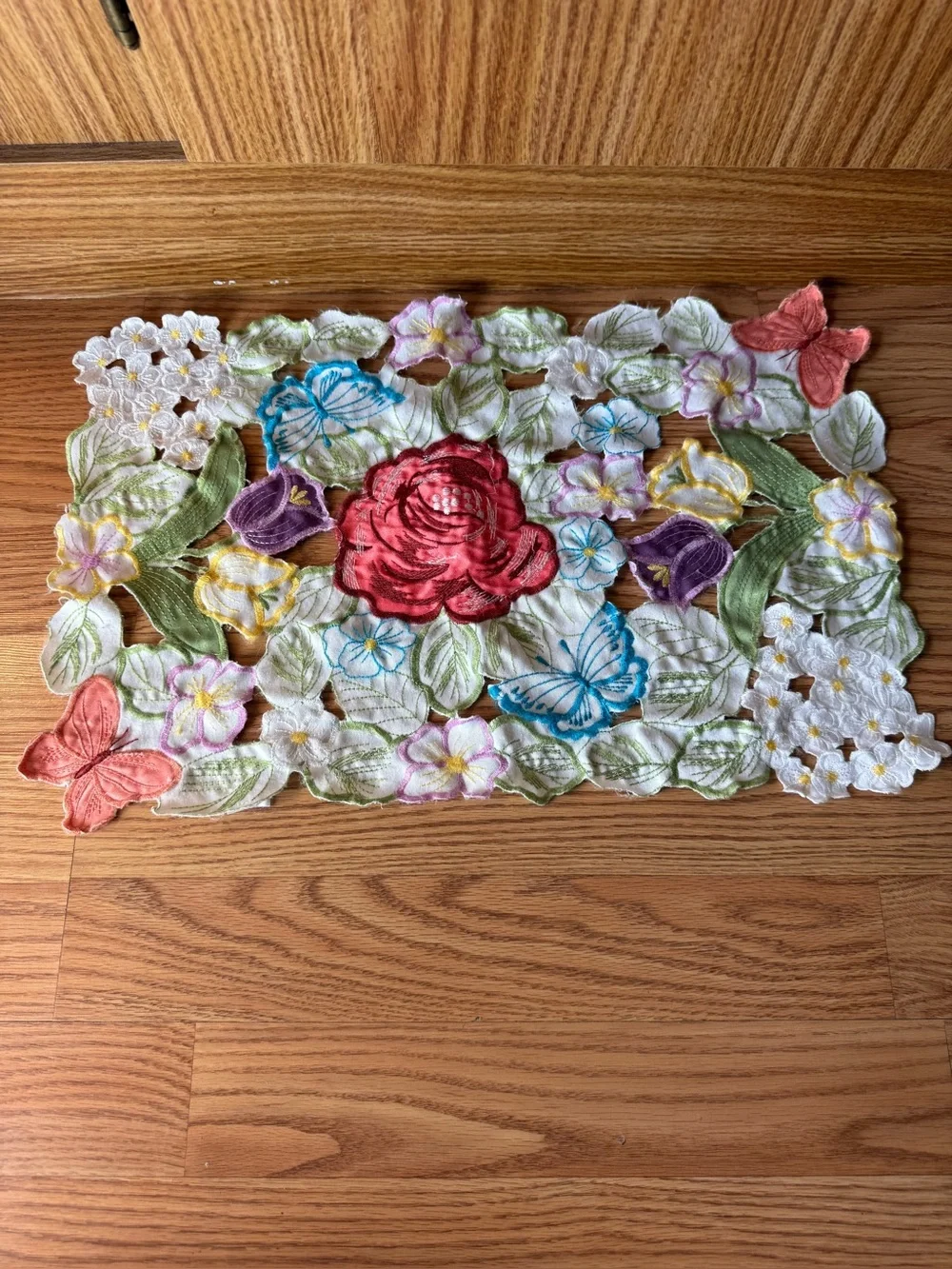 Vintage Set of Four multicolor embroidered floral & butterfly cutout placemats